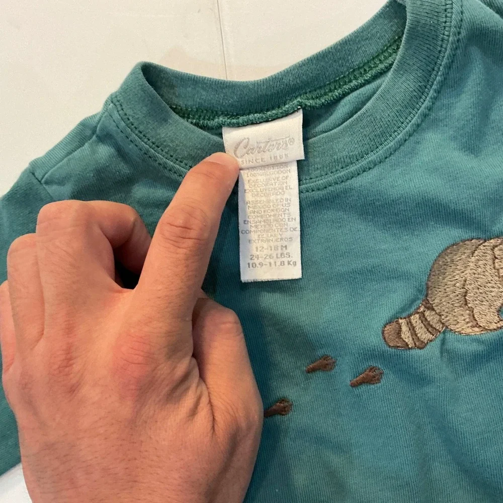 VTG Carters Bodysuit Embroidered Raccoon Baby 12-18M Green Long Sleeve Nature